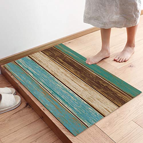 Entrance Doormat Rustic Old Barn Wood Art Rug Retro Wood Board Non Slip Mats Bathroom Kitchen Farmhouse Decor Area Rug, Machine Washable 18"x 30",Teal Green Brown