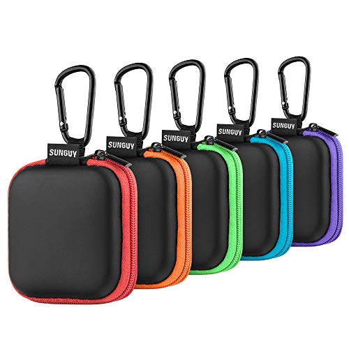 Earbuds Case, SUNGUY【5Pack】 Portable Small Earbud Carrying Case Storage Bag with Carabiner Clip for Earphone, Earbud, Earpieces, SD Memory Card, Camera Chips