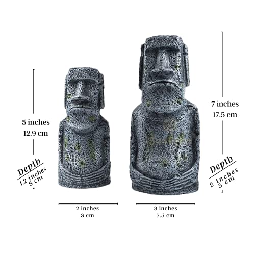 SunGrow Tropical Fish Aquarium Decor, Easter Island Statues, 7" and 5", Resin Replicas of World Famous Moai Figures, 2 Pcs