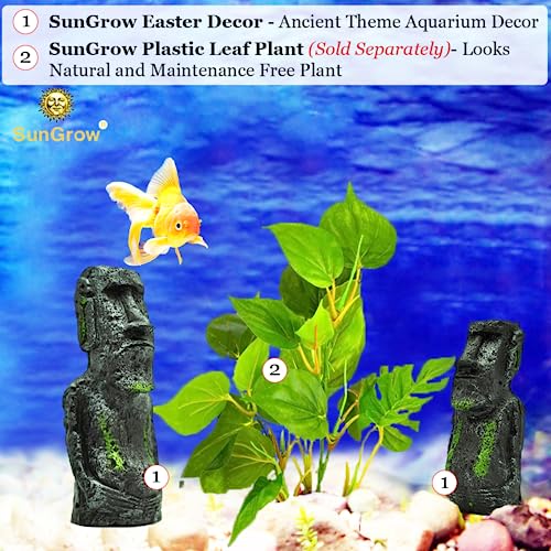 SunGrow Tropical Fish Aquarium Decor, Easter Island Statues, 7" and 5", Resin Replicas of World Famous Moai Figures, 2 Pcs