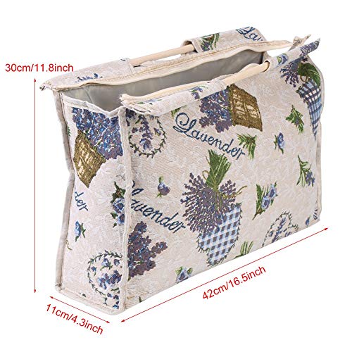 1 Piece Knitting Bag, Exquisite Practical Woven Fabric Storage Bag with Wood Handle for Yarn Knitting Needles Sewing Tools(Blue Flower)