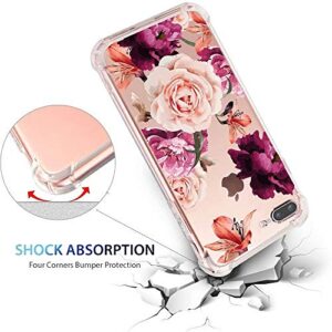 KIOMY iPhone 7 Plus 8 Plus Case Women Flowers Floral Pattern Bumper Shockproof Protective Back Cover Flexible Slim Fit Soft TPU Rubber Silicone Cell Phone Cases Clear with Cute Purple Rose Design Girl