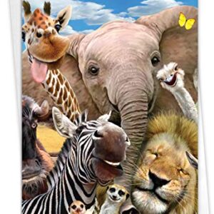 NobleWorks - 1 Funny Animal Birthday Card with Envelope - Cute Kids Card for Birthdays - Here's Looking at Zoo C6639FBDG-US