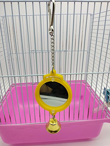 Hypeety Pet Bird Mirror with Bell Interactive Treat Puzzle Parrot Toy Bird Cage Mirror Small Bird Swing Chew Toys Fun Cage Accessories (Color Random) (Round Shape)