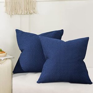 phf 100% cotton waffle weave euro shams 26" x 26", no insert, 2 pack elegant home decorative euro throw pillow covers for bed couch sofa, navy blue
