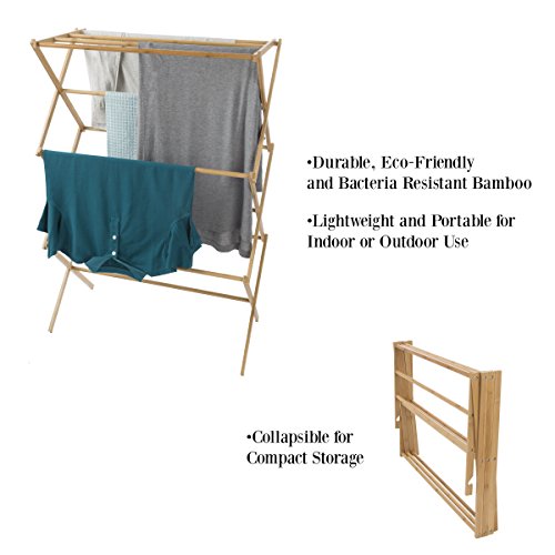 Lavish Home Bamboo Clothes Drying Rack- Collapsible and Compact for Indoor/Outdoor Use-Portable Wooden Rack for Hanging and Air-Drying Laundry