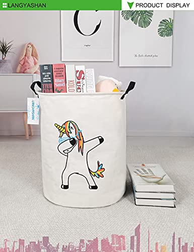 LANGYASHAN Laundry Basket Canvas Fabric Collapsible Organizer Baskets for Storage Bin Toy Bins Gift Baskets Bedroom Clothes Children Nursery Hamper (Danceing Unicorn)