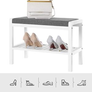 SONGMICS Shoe Rack Bench with Cushion Upholstered Padded Seat, Storage Shelf, Shoe Organizer, Holds Up to 350 lb, Ideal for Entryway Bedroom Living Room Hallway Garage Mud Room Gray and White ULBS65WN