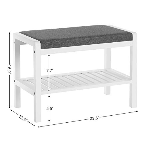 SONGMICS Shoe Rack Bench with Cushion Upholstered Padded Seat, Storage Shelf, Shoe Organizer, Holds Up to 350 lb, Ideal for Entryway Bedroom Living Room Hallway Garage Mud Room Gray and White ULBS65WN