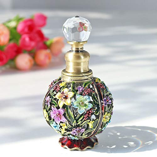 YU FENG Vintage Flower Glass Perfume Bottle Empty Refillable Painted Enameled Decorative Crystal Perfume Holder Container Scent Bottle(6ml)