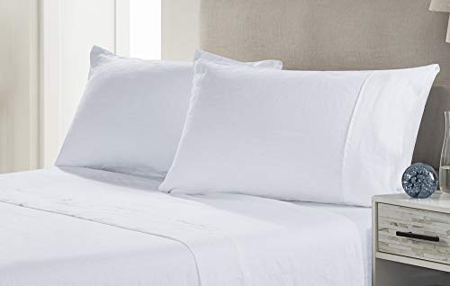 meadow park 100% Stone Washed Linen Sheets with Pillow Cases, King Size 4 Pcs Set, Deep Pocket, Soft and Breathable Fabric, Cool Night Sleep Comfort, White Color