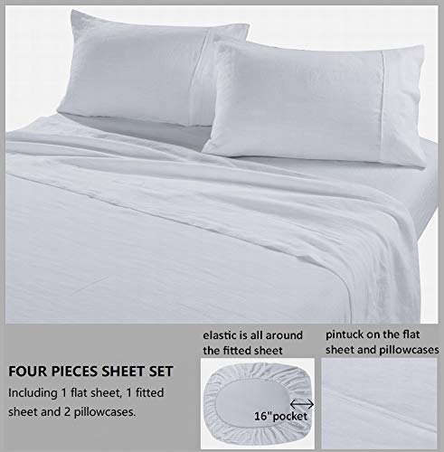 meadow park 100% Stone Washed Linen Sheets with Pillow Cases, King Size 4 Pcs Set, Deep Pocket, Soft and Breathable Fabric, Cool Night Sleep Comfort, White Color