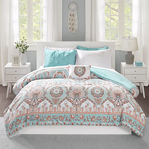 Intelligent Design Complete Bed In A Bag Casual Boho Comforter with Sheet Set Decorative Pillow, All Season Bedding Set, Queen, Vinnie Aqua 8 Piece