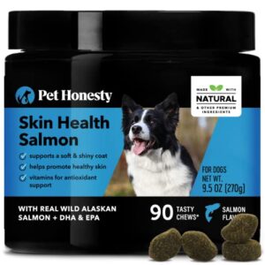 pet honesty salmon skin health - omega 3 fish oil for dogs, natural salmon oil for dogs chews for healthy skin & coat, may reduce normal shedding for sensitive skin, dog fish oil supplements - (90 ct)