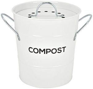 indoor kitchen compost bin by spigo, great for food scraps, includes charcoal filter for odor absorbing, removable clean plastic bucket, handles, durable stainless retro design, 1 gallon, white