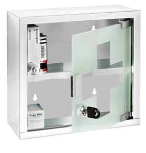 wenko medicine cabinet with lock, wall mounted bathroom storage, hanging medical cabinet, first aid wall cabinet with safety glass door, modern, small, 9.8 x 9.8 x 4.7 in, silver shiny