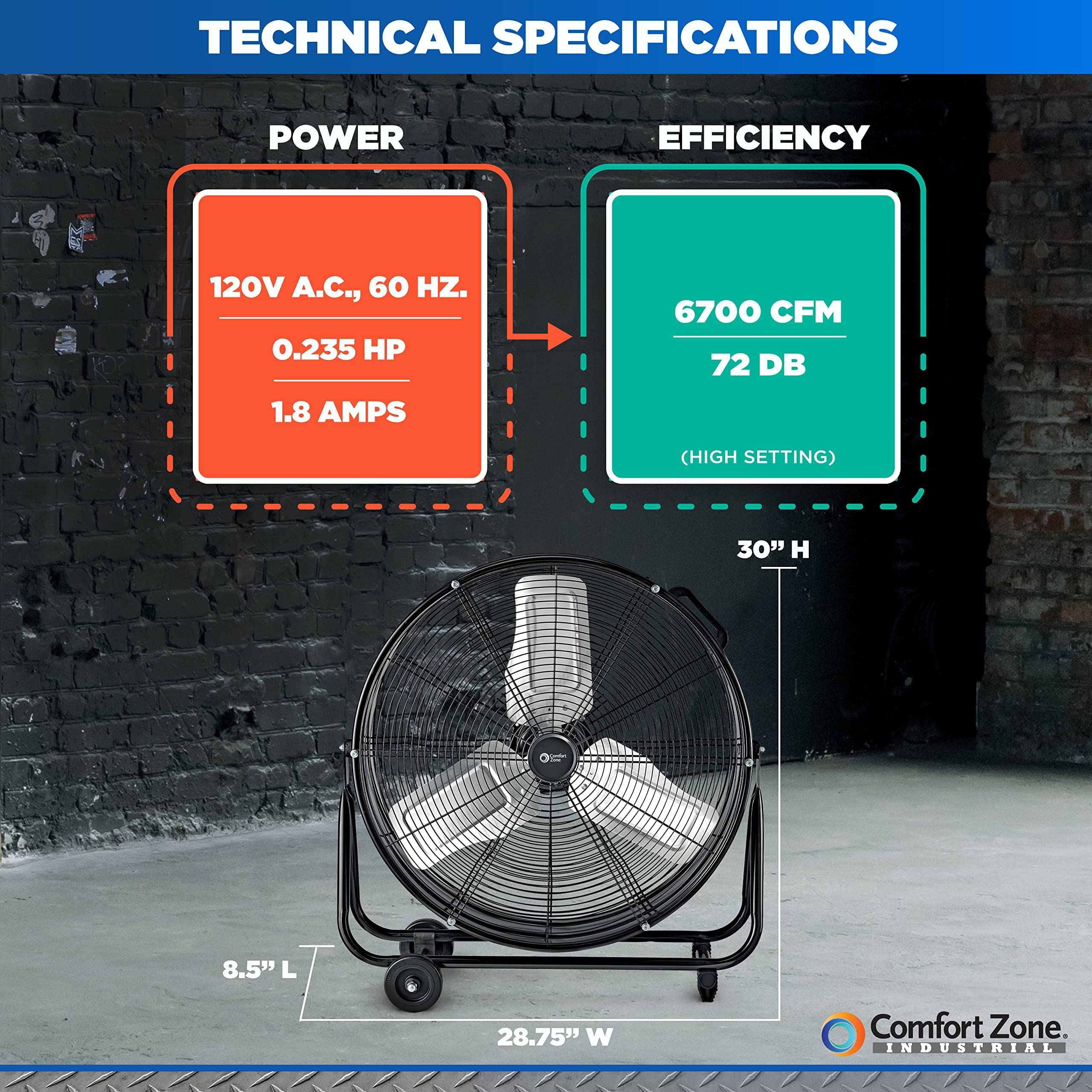 Comfort Zone CZMC24 24" 2-Speed High-Velocity Industrial Drum Fan with Aluminum Blades, 180-Degree Adjustable Tilt and Built-In Rubber Wheels