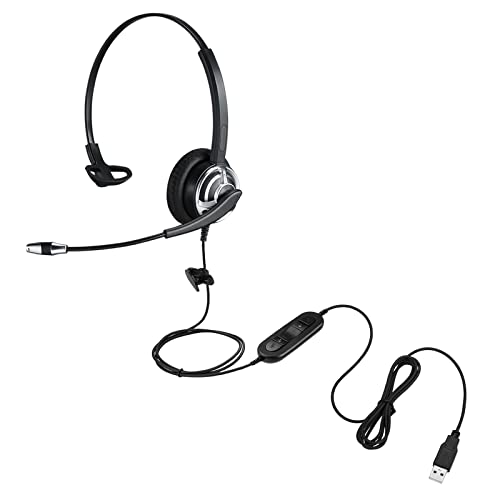 USB Headset with Microphone Noise Cancelling & In-Line Controls Wired Computer Headphones for PC Laptops One Ear Work Headset for Call Center Office Conference Calls Skype Zoom Teams Online Course