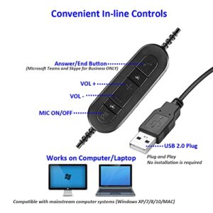 USB Headset with Microphone Noise Cancelling & In-Line Controls Wired Computer Headphones for PC Laptops One Ear Work Headset for Call Center Office Conference Calls Skype Zoom Teams Online Course