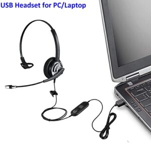 USB Headset with Microphone Noise Cancelling & In-Line Controls Wired Computer Headphones for PC Laptops One Ear Work Headset for Call Center Office Conference Calls Skype Zoom Teams Online Course