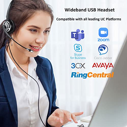 USB Headset with Microphone Noise Cancelling & In-Line Controls Wired Computer Headphones for PC Laptops One Ear Work Headset for Call Center Office Conference Calls Skype Zoom Teams Online Course