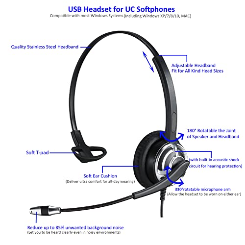 USB Headset with Microphone Noise Cancelling & In-Line Controls Wired Computer Headphones for PC Laptops One Ear Work Headset for Call Center Office Conference Calls Skype Zoom Teams Online Course