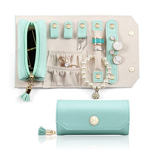 Vlando Small Travel Jewelry Roll Bag Organizer, Smart Size & Light Weight for Daily Jewelries (Mint Green)