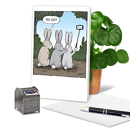 NobleWorks - 1 Humor Birthday Card with Envelope - Funny Cartoons for Birthday Greetings, Celebration Notecard - Bunny Selfies C2750BDG