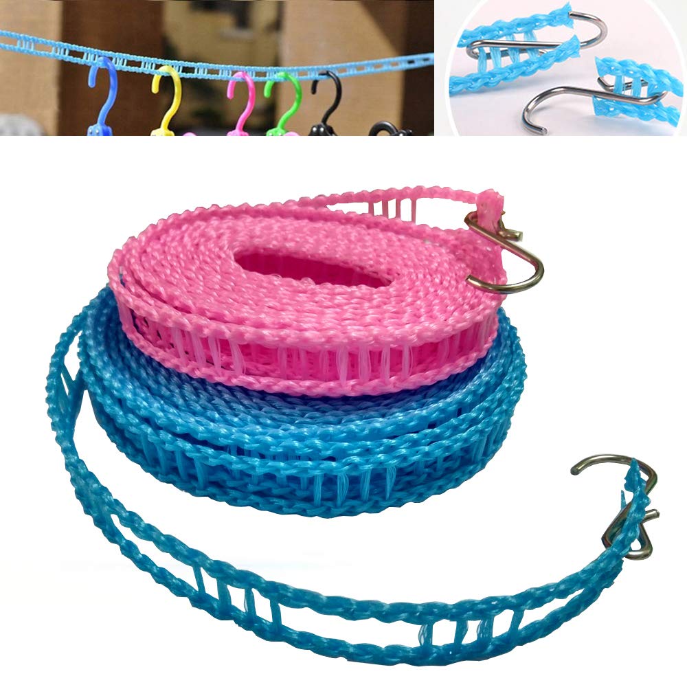 2 Pack Nylon Clothesline Windproof Clothes Drying Rope Travel Clothes Line Portable Laundry Line Hanger Rope for Indoor Outdoor Camping Home Hotel Random Color (Pack of 2 Clothesline(3m & 5m))