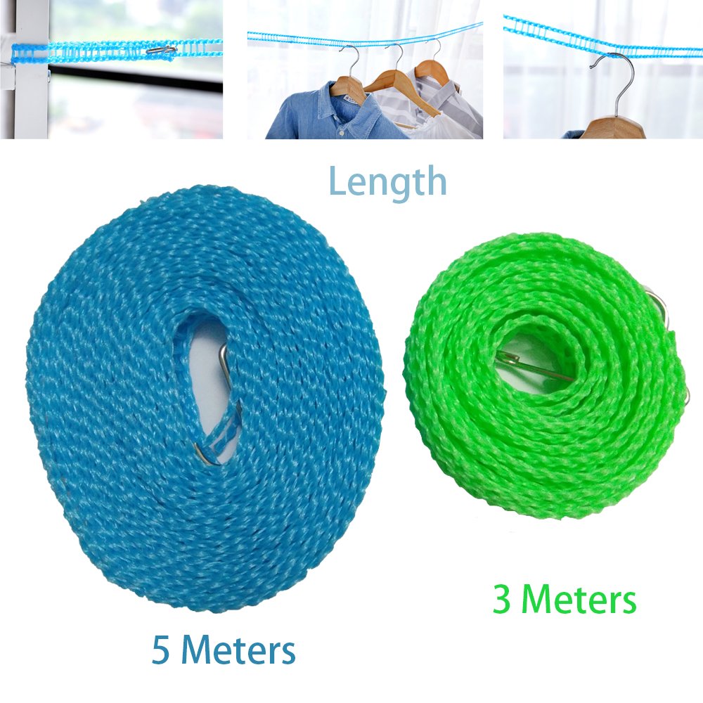 2 Pack Nylon Clothesline Windproof Clothes Drying Rope Travel Clothes Line Portable Laundry Line Hanger Rope for Indoor Outdoor Camping Home Hotel Random Color (Pack of 2 Clothesline(3m & 5m))