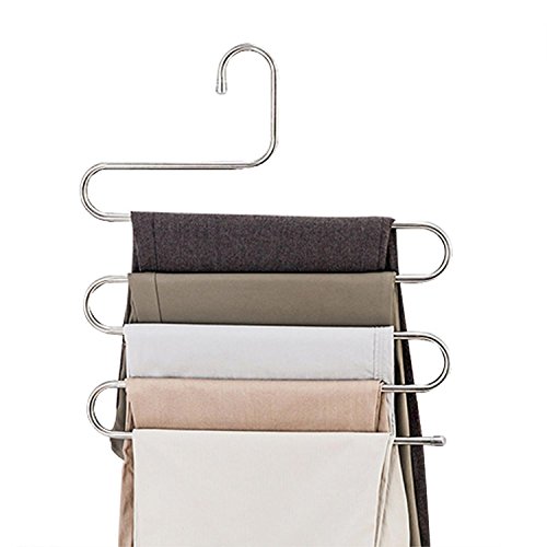 devesanter Pants Hangers Non-Slip S-Shape Trousers Hangers Stainless Steel Clothes Hangers Closet Storage Organizer for Pants Jeans Scarf (4 Pack with 10 Clips)