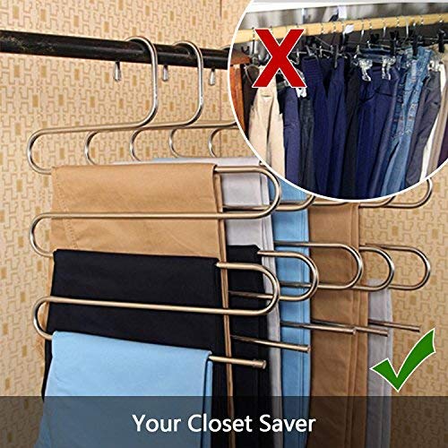 devesanter Pants Hangers Non-Slip S-Shape Trousers Hangers Stainless Steel Clothes Hangers Closet Storage Organizer for Pants Jeans Scarf (4 Pack with 10 Clips)