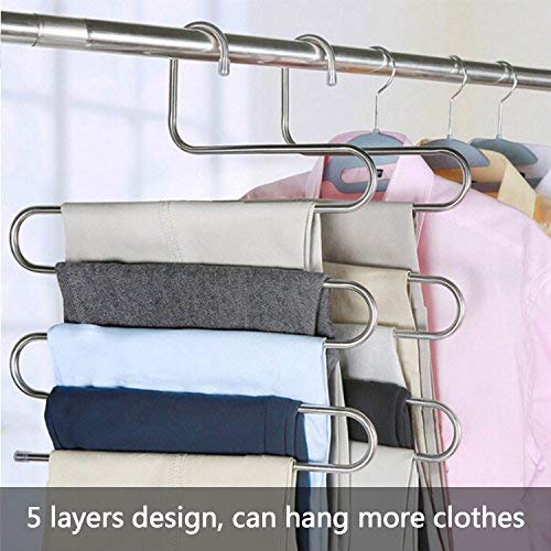 devesanter Pants Hangers Non-Slip S-Shape Trousers Hangers Stainless Steel Clothes Hangers Closet Storage Organizer for Pants Jeans Scarf (4 Pack with 10 Clips)
