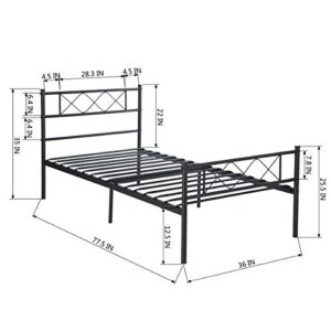 SimLife Metal Platform Bed Frame with Two Headboards Mattress Foundation/Slat Support/No Box Spring Needed, Twin Black