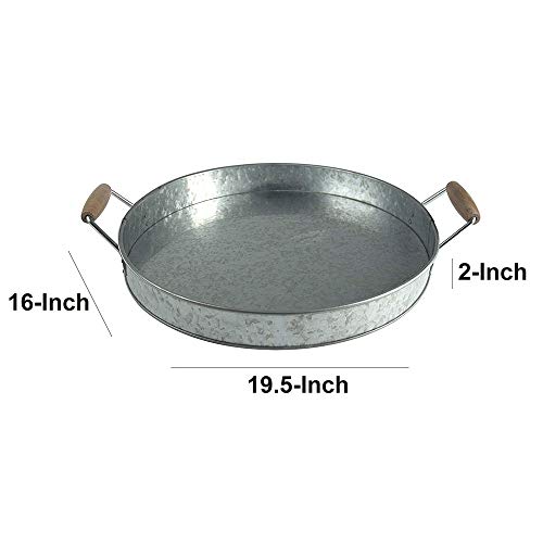 Benzara Round Galvanized Metal Serving Tray with Wooden Handles