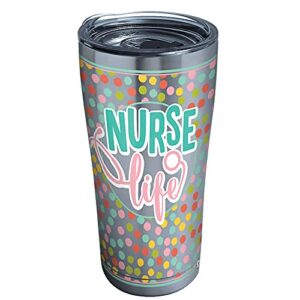 tervis nurse life polka dots insulated tumbler with clear and black hammer lid, 20 oz stainless steel, silver