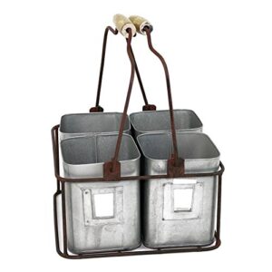 benjara galvanized metal four tin storage organizer with movable wooden handle, gray