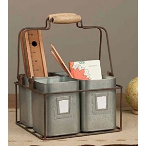 Benjara Galvanized Metal Four Tin Storage Organizer with Movable Wooden Handle, Gray