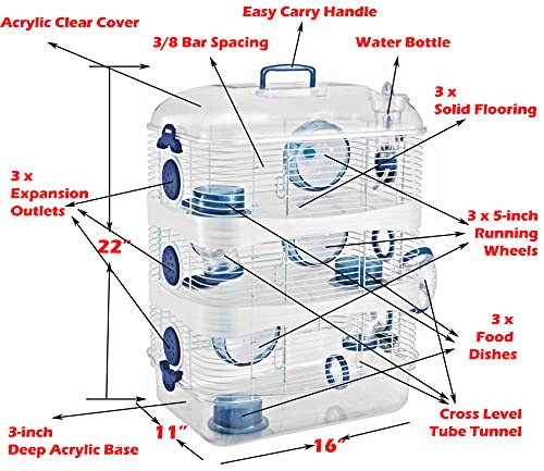 New Sparkle Clear 3 Solid Floor Levels Habitat Syrian Hamster Rodent Gerbil Mouse Mice Cage Transparent (Blue)