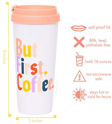 ban.do Hot Stuff Insulated Thermal Travel Mug Tumbler, 16 Ounces, But First Coffee (Multi)