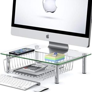 simple houseware clear glass computer monitor stand riser with drawer