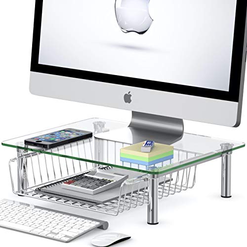 Simple Houseware Clear Glass Computer Monitor Stand Riser with Drawer