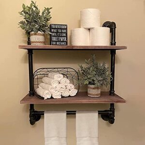 Industrial Pipe Shelving,Iron Pipe Shelves Industrial Bathroom Shelves with Towel bar,24in Rustic Metal Pipe Floating Shelves Pipe Wall Shelf,2 Tier Industrial Shelf Wall Mounted,Retro Brown