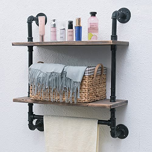 Industrial Pipe Shelving,Iron Pipe Shelves Industrial Bathroom Shelves with Towel bar,24in Rustic Metal Pipe Floating Shelves Pipe Wall Shelf,2 Tier Industrial Shelf Wall Mounted,Retro Brown