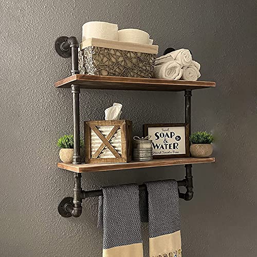 Industrial Pipe Shelving,Iron Pipe Shelves Industrial Bathroom Shelves with Towel bar,24in Rustic Metal Pipe Floating Shelves Pipe Wall Shelf,2 Tier Industrial Shelf Wall Mounted,Retro Brown