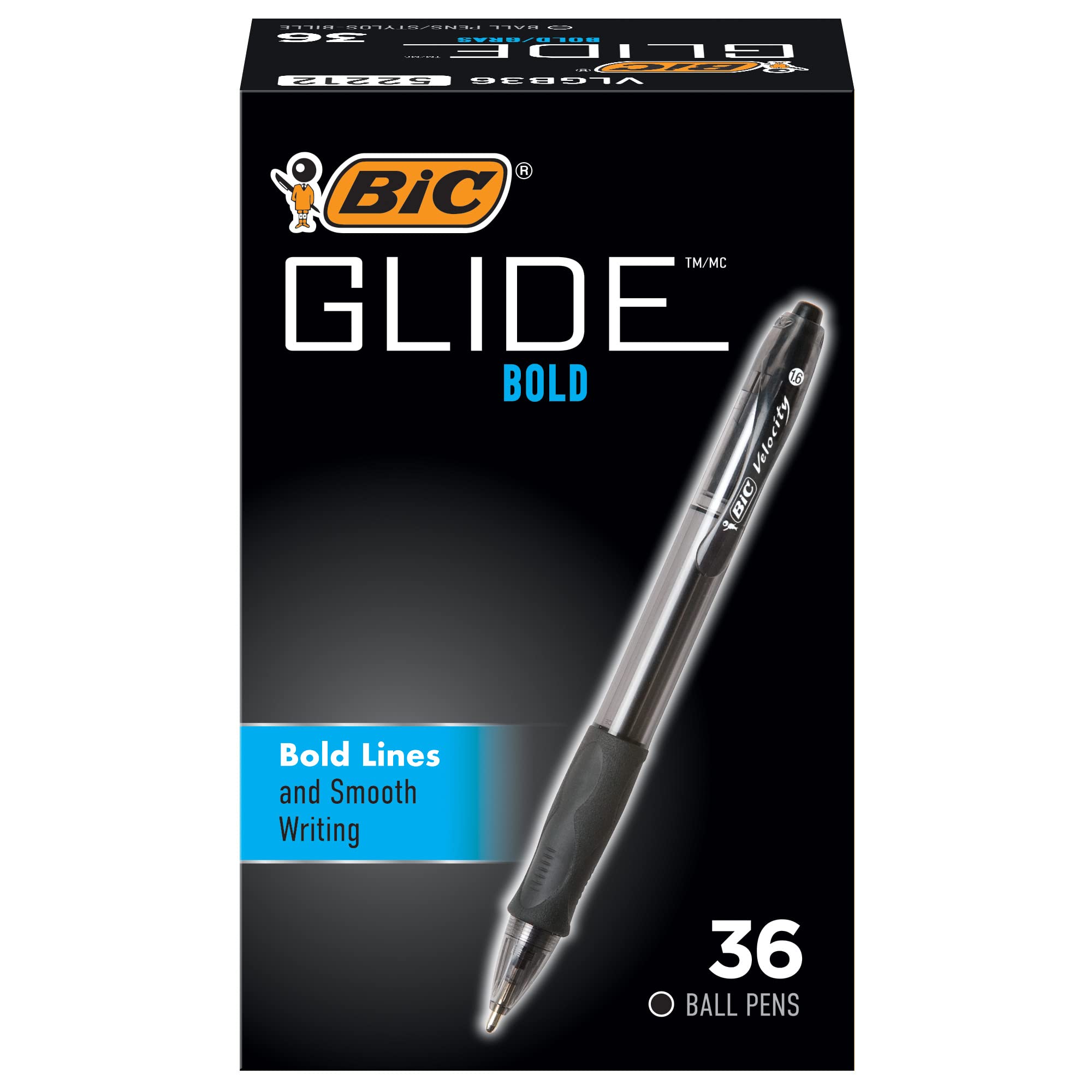 BIC Glide Bold Retractable Ballpoint Pens, Bold Point (1.6mm), Black Ink Pens, 36-Count Pack, Pens for School and Office Supplies (VLGB361-BLK)