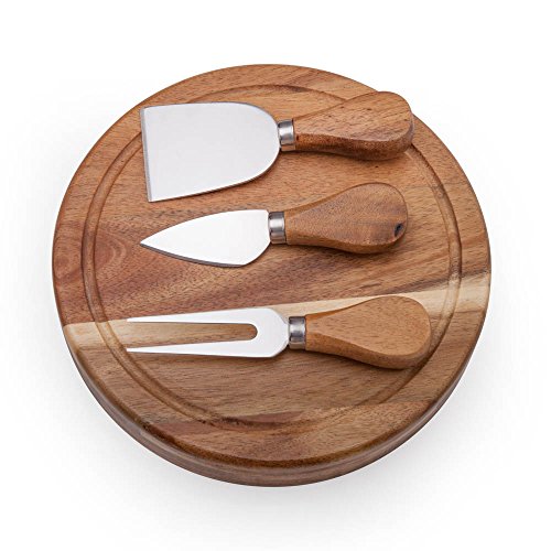 ILEAF Round Slide-Out Acacia Wood Cheese Board and 3 Piece Cheese Tool Set, 7.5 inch Diameter