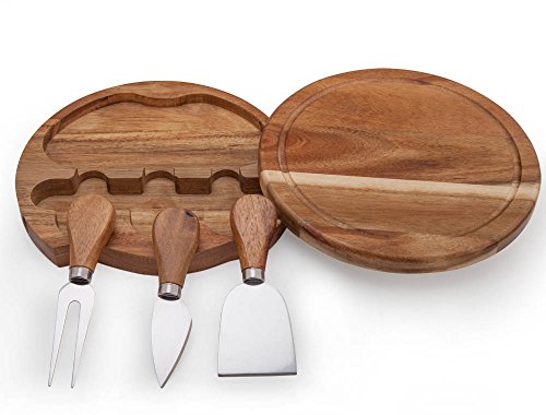 ILEAF Round Slide-Out Acacia Wood Cheese Board and 3 Piece Cheese Tool Set, 7.5 inch Diameter