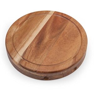 ILEAF Round Slide-Out Acacia Wood Cheese Board and 3 Piece Cheese Tool Set, 7.5 inch Diameter