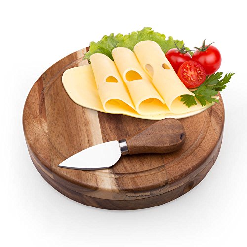 ILEAF Round Slide-Out Acacia Wood Cheese Board and 3 Piece Cheese Tool Set, 7.5 inch Diameter